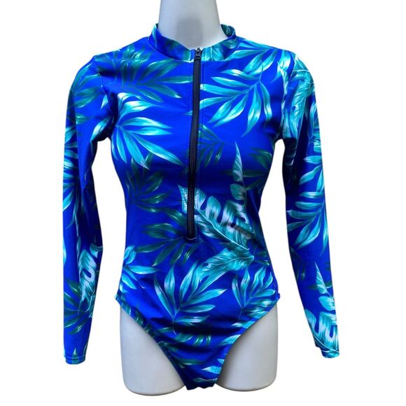 Shein Swim Tropical Print Zipper Front High Neck One Piece Blue swimsuit Size S - Picture 2 of 12